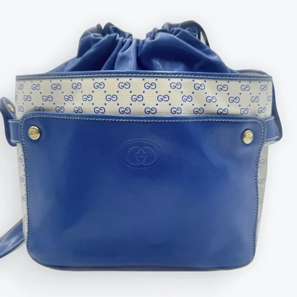 Auth Old Gucci Vintage Blue White Mini Supreme PVC Small Bucket Bag Cinch